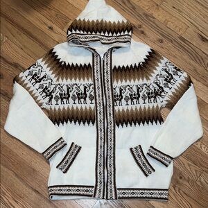 Native American Handmade Brown and Cream Hooded Zip Up Sweater Size M/L NWOT
